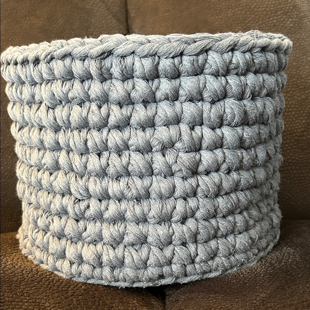 Handmade Gray Crocheted Basket with Tan Wooden bottom